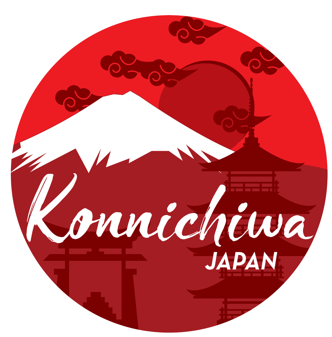 Konnichiwa Japan Festival logo: red sun over Mount Fuji with pagoda
